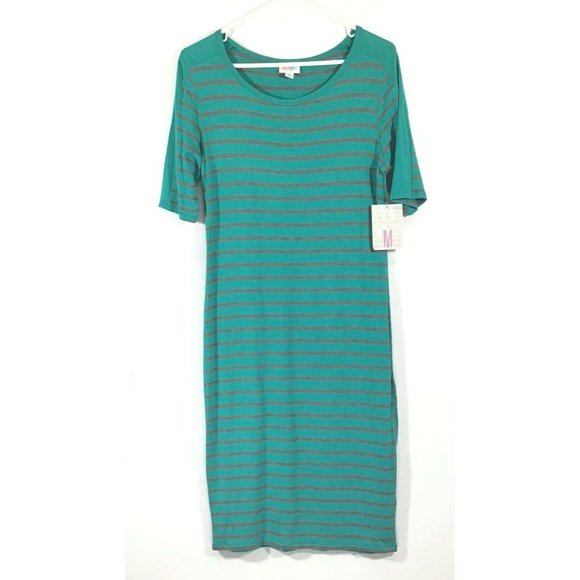 LuLaRoe Julia / Pencil Sheath Stretch Fabric Dress / Teal Gray Stripe / Size M - Picture 4 of 4